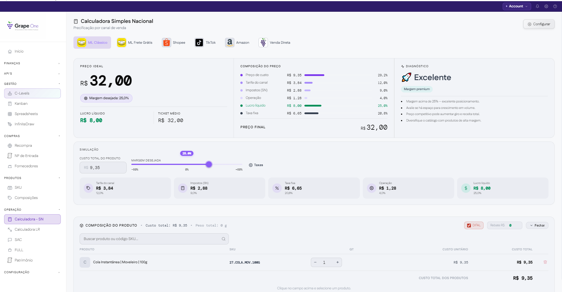 Precificador do Grape One: calculadora de Simples Nacional com preço ideal, composição do preço e simulação de margem por canal de venda